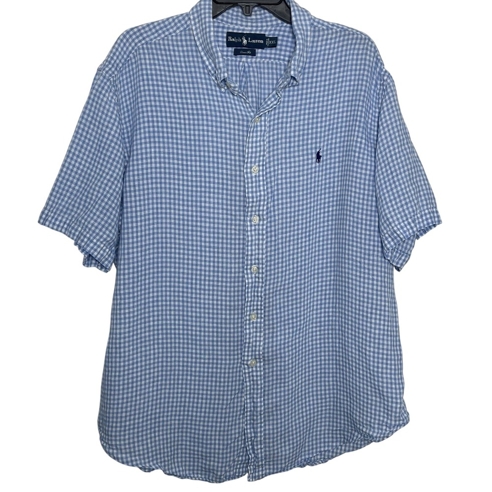 Polo Ralph Lauren Men's XXL Blue White Gingham Plaid Button Front Classic Fit